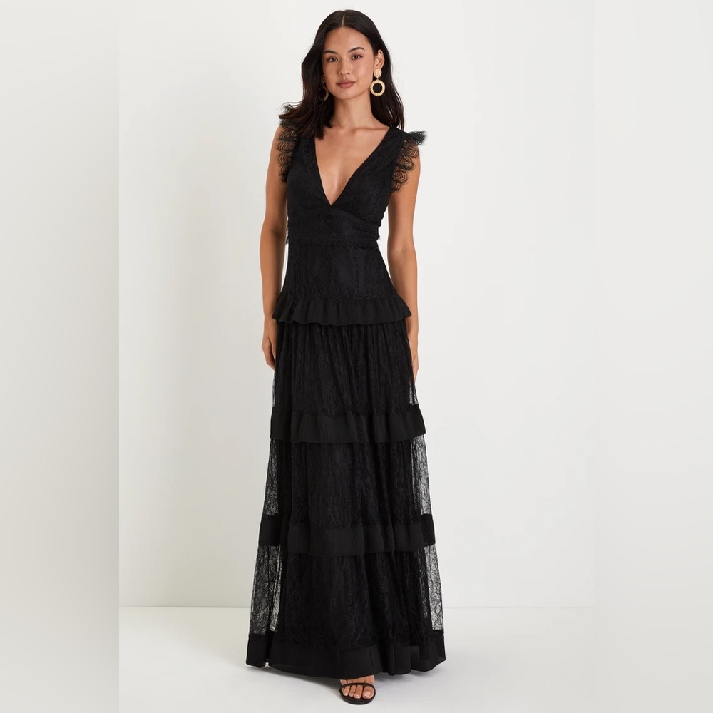 Lulus Marvelous Darling Black Lace Ruffled Tiered Maxi Dress